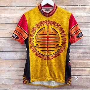 Primal Wear Cycling Jersey Men’s Size Large Gold Red Asian Graphic Short Sleeve